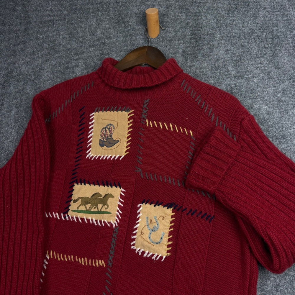 Wrangler Sweater Womens XL Red Western Patchwork Wool Blend Mock Neck 0167